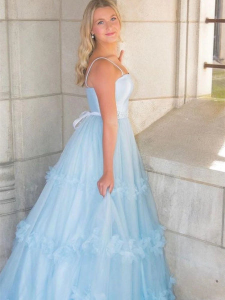 Lovely Pale Blue Satin Tulle Prom Dresses, A-line Prom Dresses, 2022 Prom Dresses, Cheap Prom Dresses, Newest Ruffled Prom Dresses