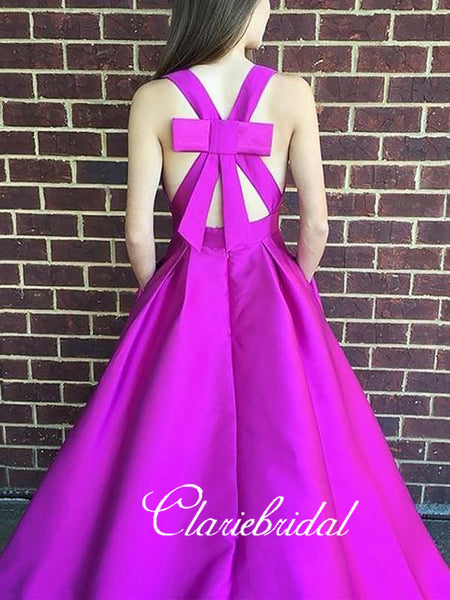 V-Neck A-line Satin Prom Dresses, Elegant Prom Dresses, Long Prom Dresses