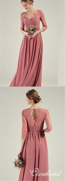 Half Sleeves Dusty Pink Chiffon Lace Long Bridesmaid Dresses