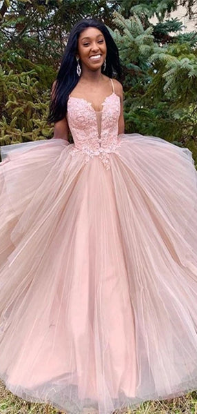 Spaghetti Long A-line Dusty Pink Lace Tulle Prom Dresses, Long Prom Dresses, 2020 Prom Dresses