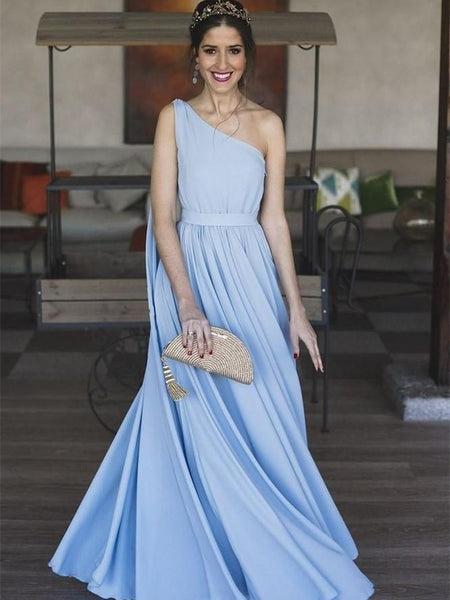 One Shoulder Pale Blue Chiffon Prom Dresses, A-line Prom Dresses, Simple Prom Dresses, Popular Prom Dresses