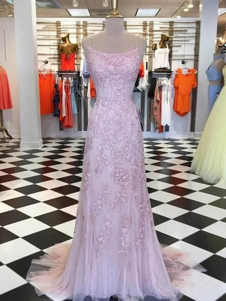 Spaghetti Strap Long Prom Dresses 2019, Elegant Lace Prom Dresses
