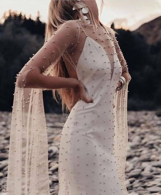 affordable boho wedding dresses Boho Long Wedding Dresses, Affordable Pearl Wedding Dresses, Newest Br –  ClaireBridal