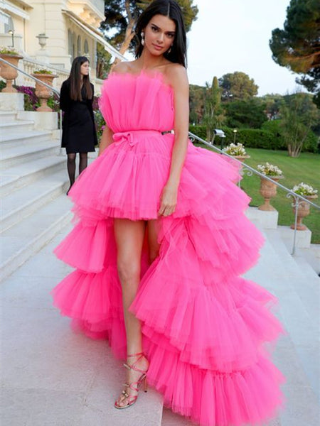 Kendall Jenner Inspired Hot Pink Tulle Prom Dresses, Detachable Tulle Skirt Prom Dresses, Long Prom Dresses, 2021 Prom Dresses