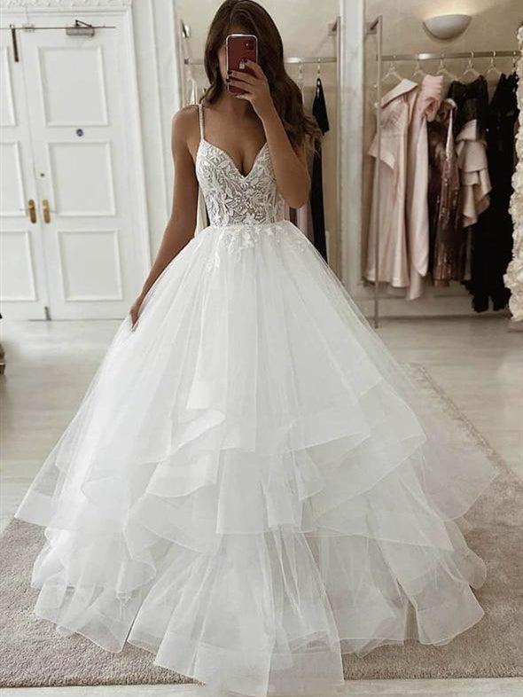 Spaghetti Long A-line Tulle Wedding Dresses, Lace Wedding Dresses, Popular Bridal Gown, 2020 Wedding Dresses