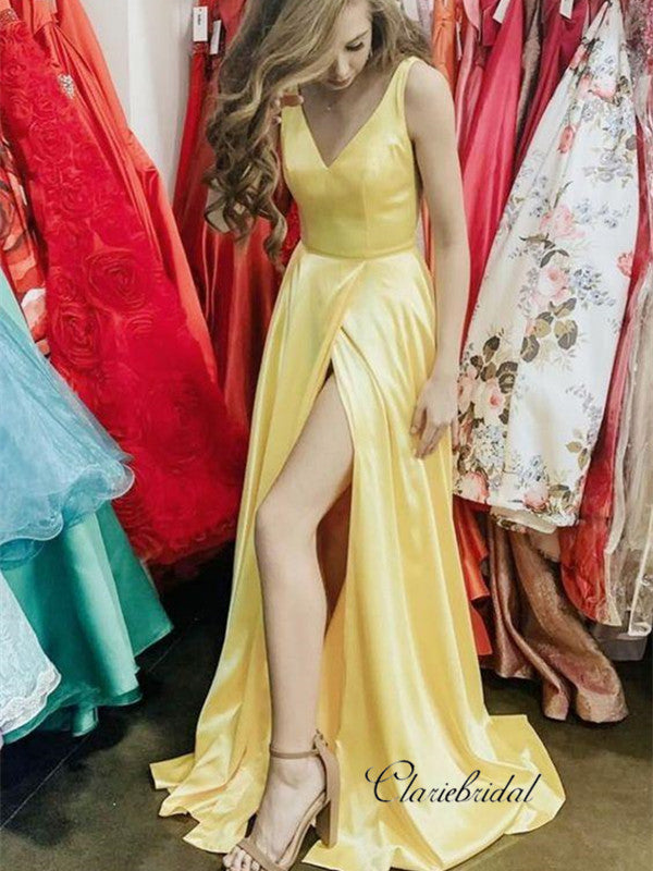 Elegant Long Yellow Prom Gowns, A-line Prom Dresses, High Slit Prom Dresses Long
