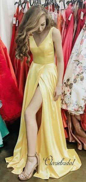 Elegant Long Yellow Prom Gowns, A-line Prom Dresses, High Slit Prom Dresses Long