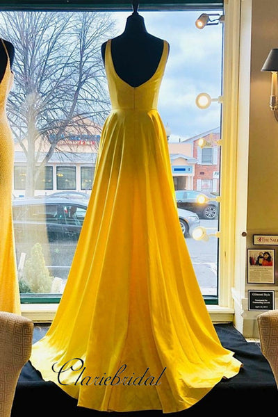 Elegant Long Yellow Prom Gowns, A-line Prom Dresses, High Slit Prom Dresses Long