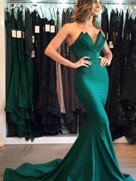 Emerald Green Mermaid Elastic Satin Prom Dresses, Prom Dresses, Long Prom Dresses