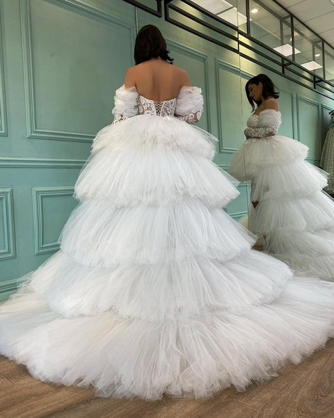 Off Shoulder Lace Tulle Wedding Dresses, Hi-low Wedding Dresses, Detachable Tulle Wedding Gown, Bridal Gown, Wedding Dresses