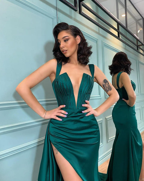 Newest Emerald Green Satin Prom Dresses, Chic Long Prom Dresses, 2021 Prom Dresses, Affordable Prom Dresses, Popular Prom Dresses