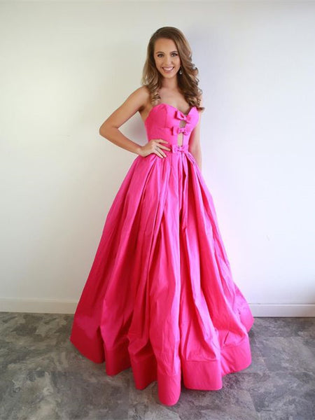Sweetheart Long A-line Hot Pink Satin Prom Dresses, Simple Prom Dresses, 2021 Prom Dresses, Cheap Prom Dresses
