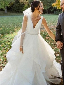 V-neck Long A-line Ivory Organza Wedding Dresses, Country Wedding Dresses, Newest Wedding Dresses