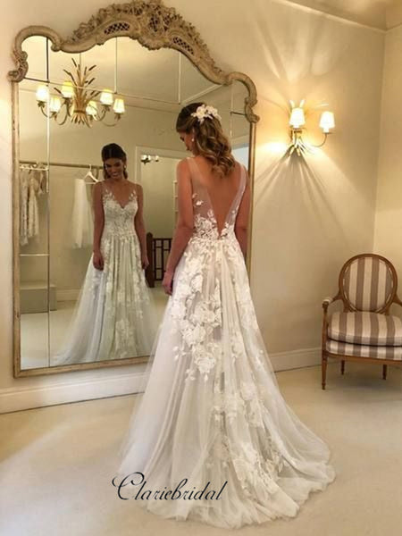 A-line Lace Design Elegant Wedding Dresses, Modest 2019 Wedding Dresses