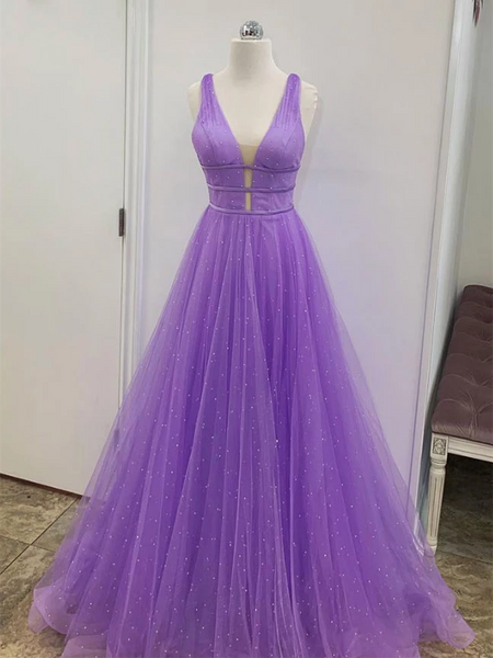 V-neck Purple Tulle Beaded Prom Dresses, Lovely Prom Dresses, Long 2020 Prom Dresses