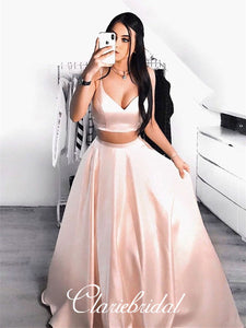 2 Pieces Pink Satin Prom Dresses, Simple A-line Prom Dresses, 2020 Prom Dresses, Long Prom Dresses