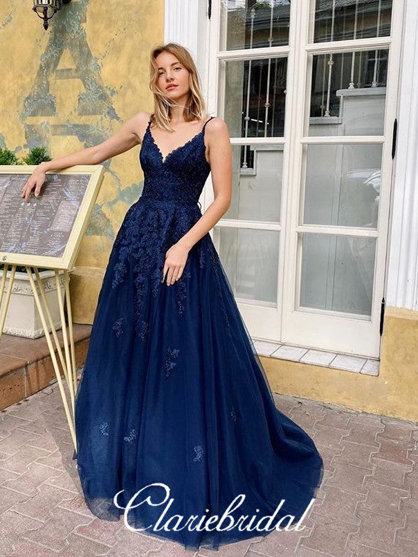 Spaghetti Long A-line Navy Blue Lace Tulle Prom Dresses, Lovely Long Prom Dresses, Affordable Prom Dresses