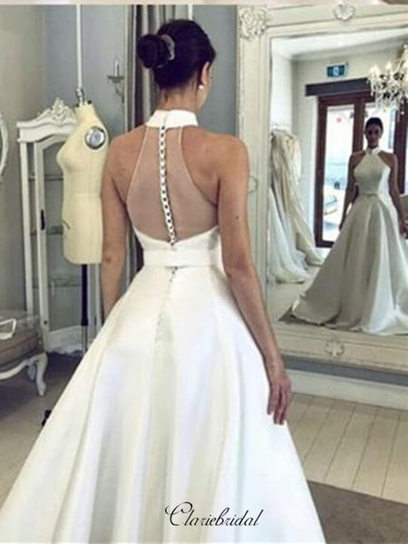Sleeveless Halter Satin Wedding Dresses, A-line Satin Trendy Wedding Dresses
