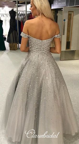 Off Shoulder Long A-line Grey Tulle Beaded Prom Dresses, Lovely Long Prom Dresses, New 2020 Prom Dresses