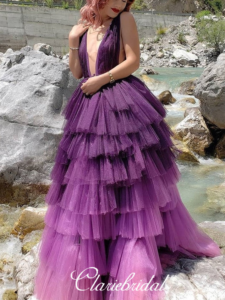 Deep V-neck Gradient Purple Tulle Prom Dresses, Lovely Fluffy Prom Dre – ClaireBridal