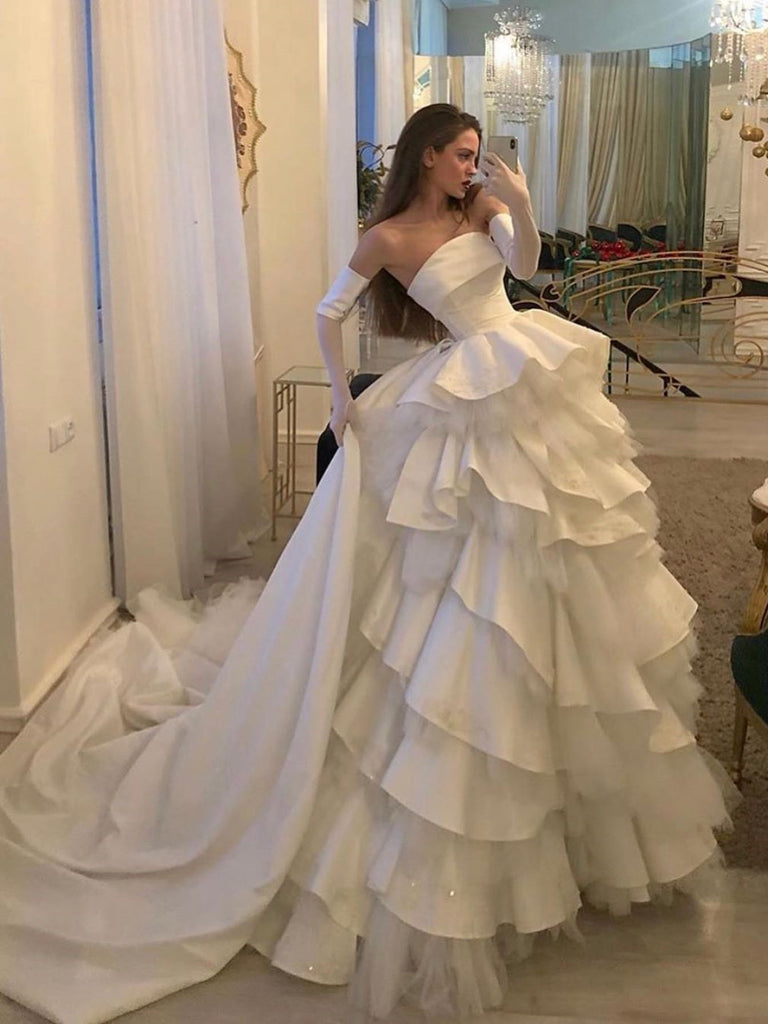 Strapless Long Cupcake Dresses, Layers Satin Tulle Bridal Gown, Vintag ClaireBridal Strapless Long Cupcake Dresses, Layers Satin Tulle Bridal Gown, Vintag ClaireBridal