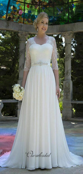 Sweetheart Mid Sleeves Lace Wedding Dresses, Elegant Beaded A-line Bridal Gowns