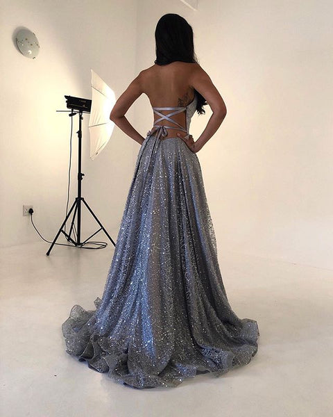 V-neck Halter Long A-line Silver Grey Sequin Tulle Prom Dresses, Newest 2021 Prom Dresses