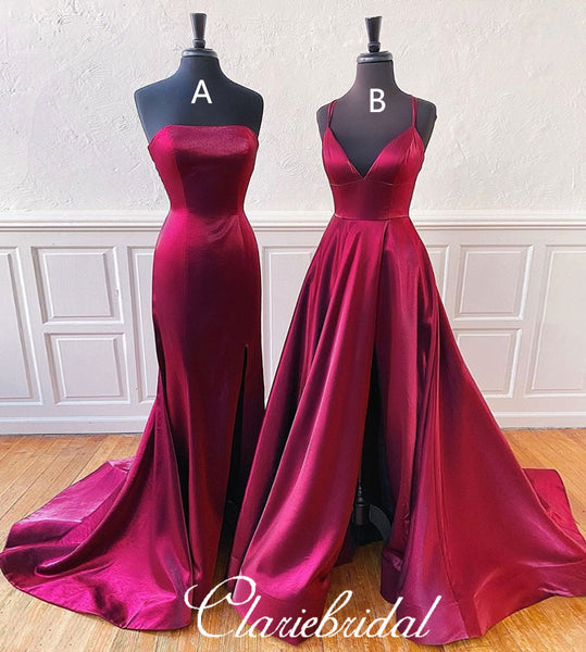 Lovely Plum Satin Prom Dresses, Slit Prom Dresses, Simple Prom Dresses, Affordable Prom Dresses