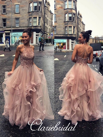 Dusty Pink Lace Beaded Long Prom Dresses, Tulle Long Prom Dresses, Lovely 2020 Prom Dresses