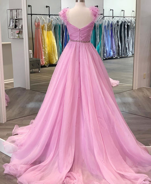 V-neck Long A-line Pink Organza Beaded Prom Dresses, Lovely Long 2021 Prom Dresses