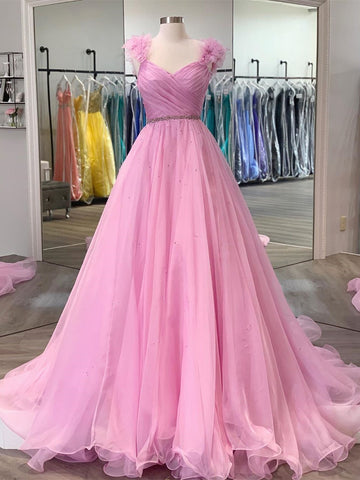 V-neck Long A-line Pink Organza Beaded Prom Dresses, Lovely Long 2021 Prom Dresses