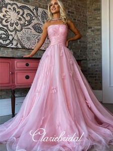 Strapless Long A-line Pink Tulle Appliques Prom Dresses, New Arrival Long Prom Dresses, 2020 Prom Dresses
