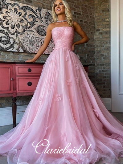 Strapless Long A-line Pink Tulle Appliques Prom Dresses, New Arrival L ClaireBridal Strapless Long A-line Pink Tulle Appliques Prom Dresses, New Arrival L ClaireBridal