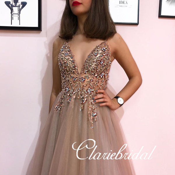 V-neck Long A-line Beaded Tulle Prom Dresses, Long Prom Dresses, New Prom Dresses