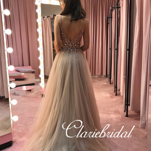 V-neck Long A-line Beaded Tulle Prom Dresses, Long Prom Dresses, New Prom Dresses