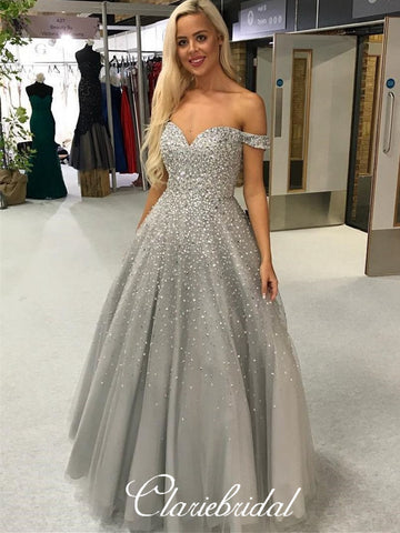 Off Shoulder Long A-line Grey Tulle Beaded Prom Dresses, Lovely Long Prom Dresses, New 2020 Prom Dresses