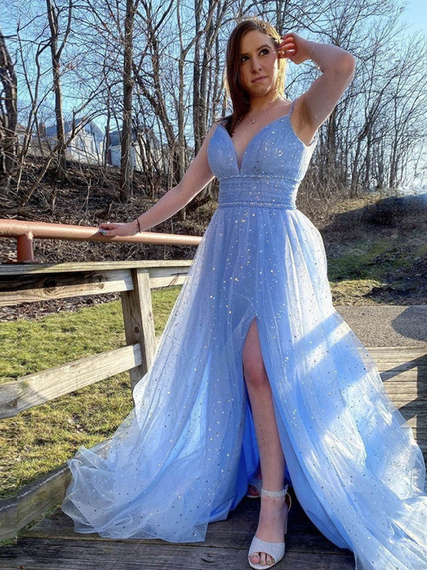 Light Blue Color A-line Newest 2021 Long Prom Dresses, Graduation Evening Party Prom Dresses
