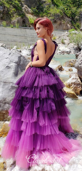 Deep V-neck Gradient Purple Tulle Prom Dresses, Lovely Fluffy Prom Dresses, New 2020 Prom Dresses