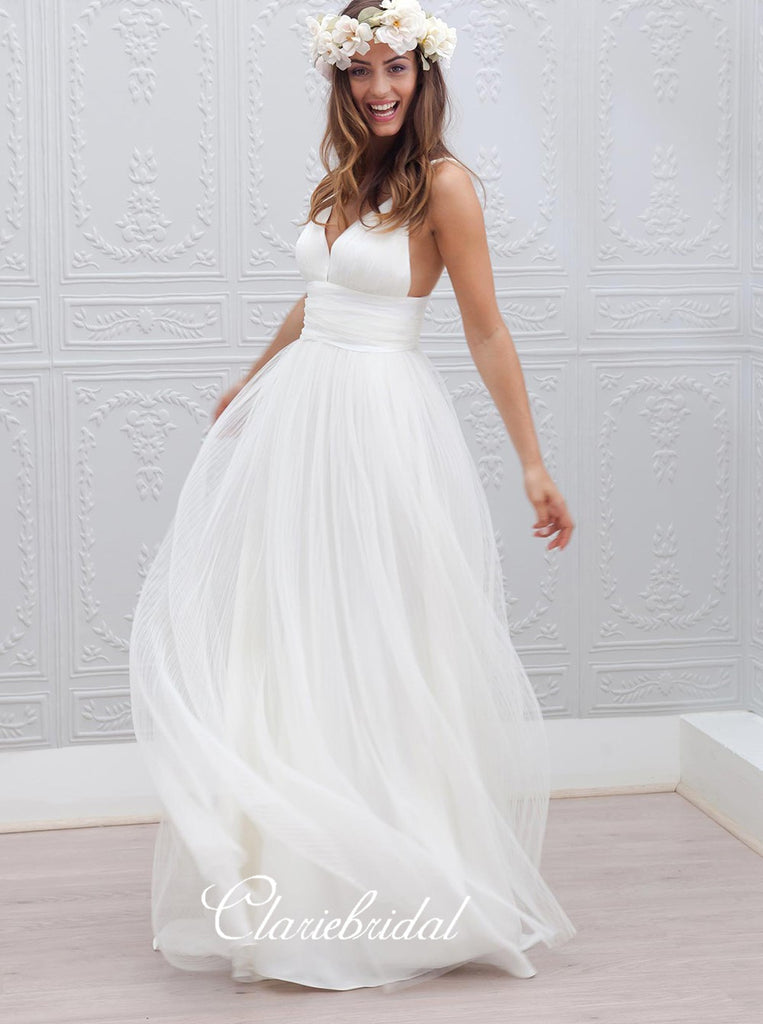 Simple Design Long Wedding Party Dresses, V-neck Tulle Wedding Dresses ClaireBridal Simple Design Long Wedding Party Dresses, V-neck Tulle Wedding Dresses ClaireBridal