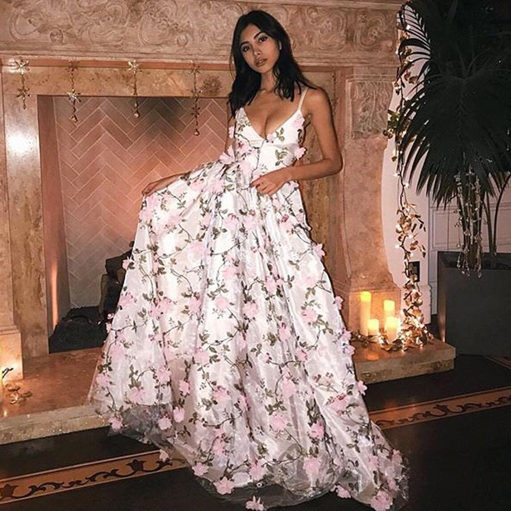 open lace back dress Lilac Purple Floral-Print Long Prom Dress A1135 Lilac / 2