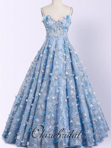 Spaghetti Long A-line Blue Floral Prom Dresses, Newest Prom Dresses, Prom Dresses