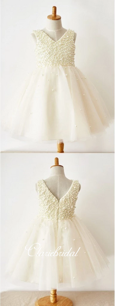 V-neck Ivory Pearl Tulle Flower Girl Dresses, Lovely Flower Girl Dresses, Little Girl Dresses