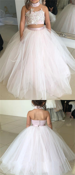 2 Pieces Tulle Appliques Flower Girl Dresses, High Neck Flower Girl Dresses, Little Girl Dresses