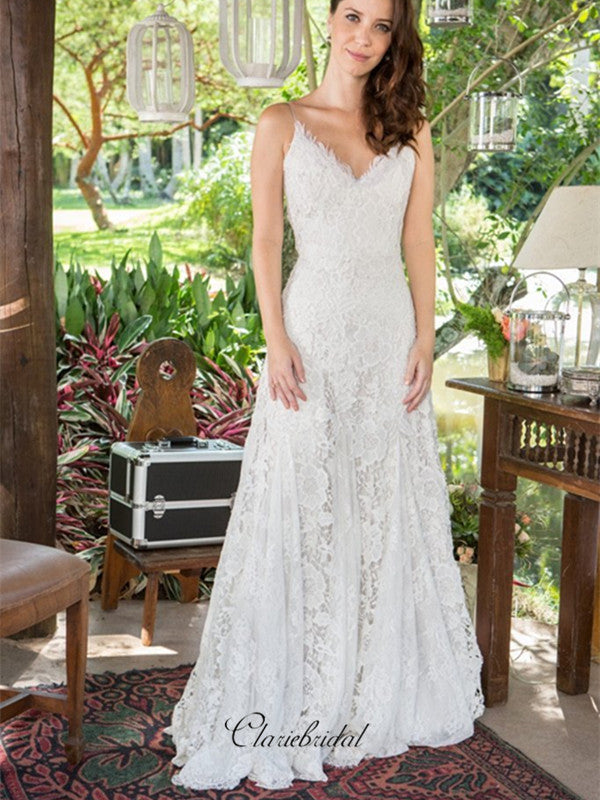 Spaghetti Lace A-line Wedding Dresses, Popular Lace Wedding Dresses