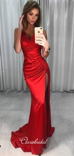 Simple Long Evening Party Dresses, Sexy High Slit Mermaid Prom Dresses