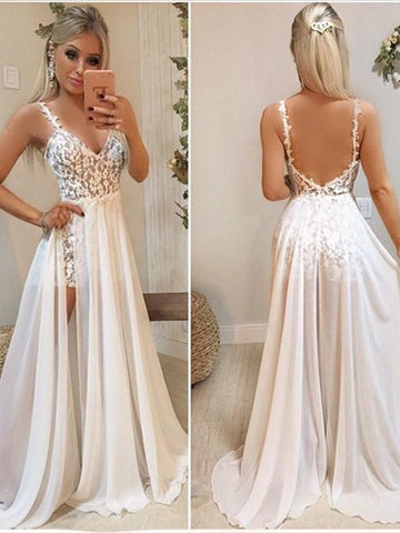 Straps Long A-line Lace Chiffon Prom Dresses, 2 Pieces Prom Dresses, Newest Prom Dresses
