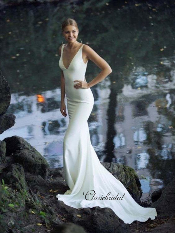 Simple Custom Design Wedding Dresses, Deep V-neck Mermaid Sexy Wedding – ClaireBridal