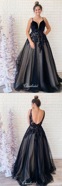 V-neck Lace Long Prom Dresses, Black A-line School Party Prom Dresses