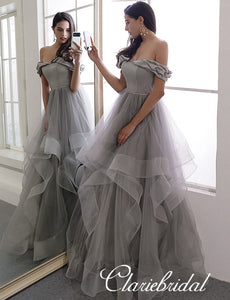 Off Shoulder Long Grey Prom Dresses, Tulle Prom Dresses, ELegant 2020 Prom Dresses, Newest Prom Dresses