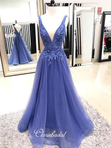 V-neck A-line Lace Long Prom Dresses, Latest Prom Dresses 2019